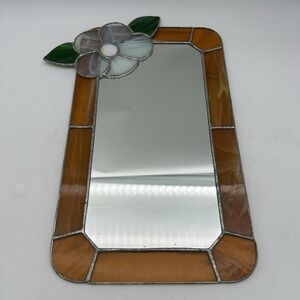 Vintage Orange Stained Glass flower Mirror Wall Hanging 7" x 12"